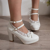 Women's Sweet Cute Lace Bow Lolita Platform High Heels, White Pumps Wedding Party Dress Shoes, Big Sizes 33-48