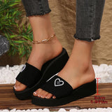 Shiny Heart Shape Rhinestone Black Slippers Women Fashion Elastic Band Platform Slides Female New Style Med Heel Slippers Female