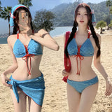 Cut Blue Plaid Patchwork Bikini Set 2026 Women Drawstring Push Up Bra Skirts Bands 4 Piece Swimsuit Beach Bathing Suit Swimwear