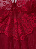 Wine Red Daisy Floral Lace Sheer Mesh Babydoll Lingerie Set Slip Nightdress With Matching Thong Women Sexy Sleepwear ZA825096