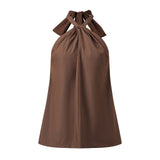 Women Loose Fit Halter Tops Solid Color Open Back Sleeveless Tie-up Vest Summer Daily Casual Elegant Blouse Streetwear