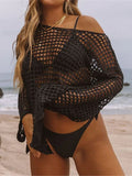 Long Sleeve Hollow Out Top Crochet Knitted Tunic Beach Cover Up Cover-ups Beach Dress Beach Wear Beachwear Female Women V4250