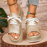 Plus Size Lace Up Chunky Platform Sandals Women 2026 Summer Peep Toe Wedges Sandals Woman Rivets Thick Bottom Gold Sandalias