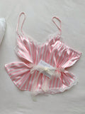 Two Piece Women's V-Neck Sexy Lace Suspender Pajama Satin Silk Intimate Lingerie Pink Stripe Sleewpear Pijamas Suit Summer New
