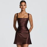 Square Neck Camisole Dress For Women With Back Cross Straps Slim Fit Ruched Waist Boned Mini Skirt Pure Desire Dress Casual 0VNB