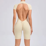 Padded Backless Yoga Cycling jumpsuit  Women Zipper GYM Sportswear Fitness One Piece Sports Suit V Back Workout Playsuit