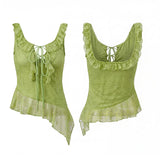 Women Flounce Vest Lace Jacquard Square Neck Tie-up Tank Tops Backless Sleeveless Slim Fit Retro Blouses for Party Club