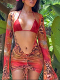 DEKA Three pieces Bikini Set Bather Bathing Suit Swim Long Sleeve Flower Printed Bikini Female Swimsuit Women Beachwear Swimwear