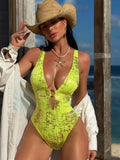 DEKA Gold One Piece Swimsuit with Metal Ring V Neck Swimwear for Women Tummy Control Slimming Halter Bathing Suits Summer Femal