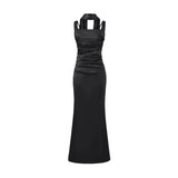 Pure Desire Style Collarbone-revealing Strapless Long Dress Feminine And Slim-fitting With Pleated Waist Tie Straps Bodycon LWIO