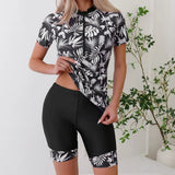 2026 Summer New Women Two-Piece Surfing Suit,fashion Leaf Print Conservative Tankini,Short-sleeve Zipper Swimsuit,beach Swimwear