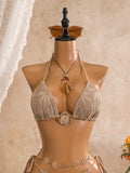 Sexy Mesh Cover Up 3 Piece Bikini Set 2026 Women White Metal Circle Push Up Bra Thong Swimwear Holiday Bathing Suit Swimsuit