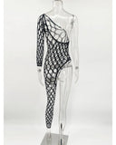 Toucheart Sexy Lingerie Women's Jumpsuit Shiny Diamond Fishing Net One-sleeved Leg Jumpsuit Sexy Hollow Out See-through Jumpsuit