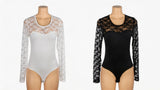 Black Lace Long Sleeve Open Crotch Bodysuit for Women Sheer Mesh Teddy Lingerie Push Up Swimwear Fabric Sexy Jumpsuit