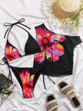 DEKA WomenFloral Print Halter Neck Bikini Set Mesh Cover Swimsuit Women's 3 Piece Vacation Beach Lace-up Swimwear