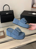 Women Punk Lazy Platform Sandals Buckle Design Garden Shoes Roman Street Slippers Flip Flops Denim Blue Outdoor Beach Shoes