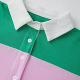 Women Long Sleeve Spring Fall Lapel Collar T-shirts Striped Contrast Color Loose Pullovers Streetwear Tops