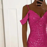 Women Evening Dress Off Shoulder V Neck Side Slit Floor Length Sequin Ball Gown Sleeveless Prom Wedding Party Banquet Maxi Dress