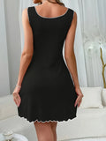 Sexy Black Ribbed Nightdress for Women  Elegant Sleeveless Sleepwear with Bow  Ruffled Hem All-Season Lingerie Sleep Dress