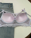 MOYISU Kawaii Heart Bra Set, Purple Lace Lingerie Sexy Pure Design, Push Up Bralette Sml Boobs Fashion Outerwear Statement Piece