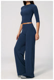 Women Tracksuit Yoga Sets Half Sleeve O Neck Slim Sports T Shirts Fitness Suit Outdoor High Waist Flare Pants Workout Clothes