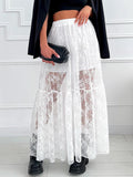 Women See-Through Lace A-Line Skirts Casual Summer Solid Color Elastic Waist Long Skirt for Beach Vacation Club