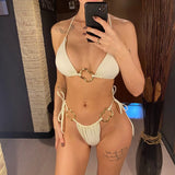Sexy Halter Metal Rings High Leg Cut Bikini Female Swimsuit Women Swimwear Two-Pieces Bikini Set Bather Bathing Suit Swim V6564