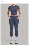 Women Tracksuit Yoga Sets Short Sleeve Slim Sports T Shirts Workout Clothes Outdoor Tight High Waist Pocket Pants Fitness Suits