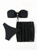 3 Pieces Ring Linked Bandeau Bikinis 2026 Solid Swimwear Female Sexy Swimsuit Women Bathers Bathing Swimming Swim Suit