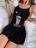 Summer Cute Letter Print Nightdress Women Nightgown Spaghetti Strap Mini Cami Lettuce Hem Contrast Trim Loungewear