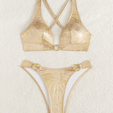 Shiny Pink Gradient Bikini Set 2026 Women Sexy Metal Circle Push Up Bra High Waist Swimsuit Beach Holiday Bathing Suit Swimwear