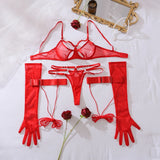 Toucheart Sexy Mesh Lingerie Split Kit with Gloves Steel Ring Laceup Patchwork Skinny See-through Hollow Interesting Private Set