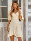 Summer Dress Women'S Fashion V Neck Short Flared Sleeved Wedding Guest Dresses Smocked Elastic Waisted Tiered Belted Ruffle Hem