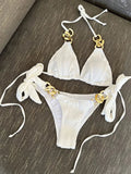 Halter Metal Rings Bikinis Wrinkled Bikini Female Swimsuit Women Swimwear Two-pieces Bikini Set High Cut Bathing Suit Swim Lady