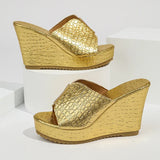 Fashion Wedge Heeled Gold Sandals Women 2026 Summer Peep Toe Chunky Platform Slippers Woman Plus Size 43 High Heel Party Sandles