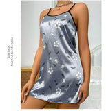 Women's Sleepwear Summer Floral Print Satin Nightgown Casual Sleeveless Backless Slip Night Dress Sexy Nightdress Home Clothes