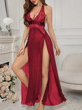 Women Lingerie Chemise Nightdress Lace Split See-Through V-Neck Sleeveless Nightgown Sleepwear Slips Nightie with Thong
