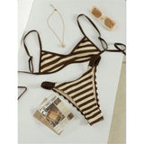 Striped Crochet Knitted Bikini Female Swimsuit Women Swimwear Two-Pieces Bikini Set High Leg Cut Bather Bathing Suit Swim V8225