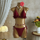 With Skirt Ruffled Frilled Halter Bikini Female Swimsuit Women Swimwear Three-pieces Bikini set Bather Bathing Suit Swim V7788