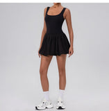 Summer One-piece Tennis Dress Women Fitness Fake Two-piece with Inner Separate Shorts Pockets Sleevesless Sports Pleated Skirt