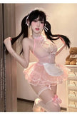 Sexy Hot Maid Uniform Hollow-out Lace Transparent Dress For Woman Hanging Neck Off-the-shoulder Nightclub Wear Dress Sweet TBHM