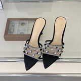 Fashion Crystal Rhinestone Thin High Heels Slippers Summer Pointed Toe Open Toes Woman Retro Slippers Party Dress Shoes New