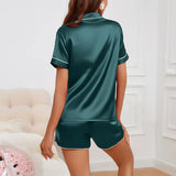 Women's Pajama Lounge Set Summer Heart Embroidered Pocket Patched Short Sleeve Shirt & Shorts Pajamas 2 Piece Set Pyjama Femme