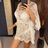 2026 New Sexy Lace See Through Long Sleeve Tunic Beach Cover Up Cover-ups Beach Dress Beach Wear Beachwear Female Women V4528