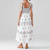 Flower Print Tie Strap Swing Dress Women A-Line Square Neck Tiered Ruffled Summer Bohemian Beach Long Tank Dress