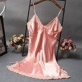 Women Satin Nightdress Lace Trim Slip Dress Spaghetti Strap Silky Nightgown Elegant Sleepwear Home Lingerie
