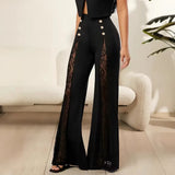 2026 Women's Solid Color Lace Spliced   Flare Pants Trousers