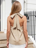 Women Loose Fit Halter Tops Solid Color Open Back Sleeveless Tie-up Vest Summer Daily Casual Elegant Blouse Streetwear