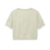 Women's Fashion Short Sleeve Round Neck Bow Lace Knit Solid Color Light Green Lace Trim Front Short Sleeve Knit Casual Top MDTM
