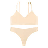 Cotton Female Underwear Set Short skin care kits Ribbed Brassiere Sexy Thong Low Waist Panties Women Seamless Bra Lingerie Set